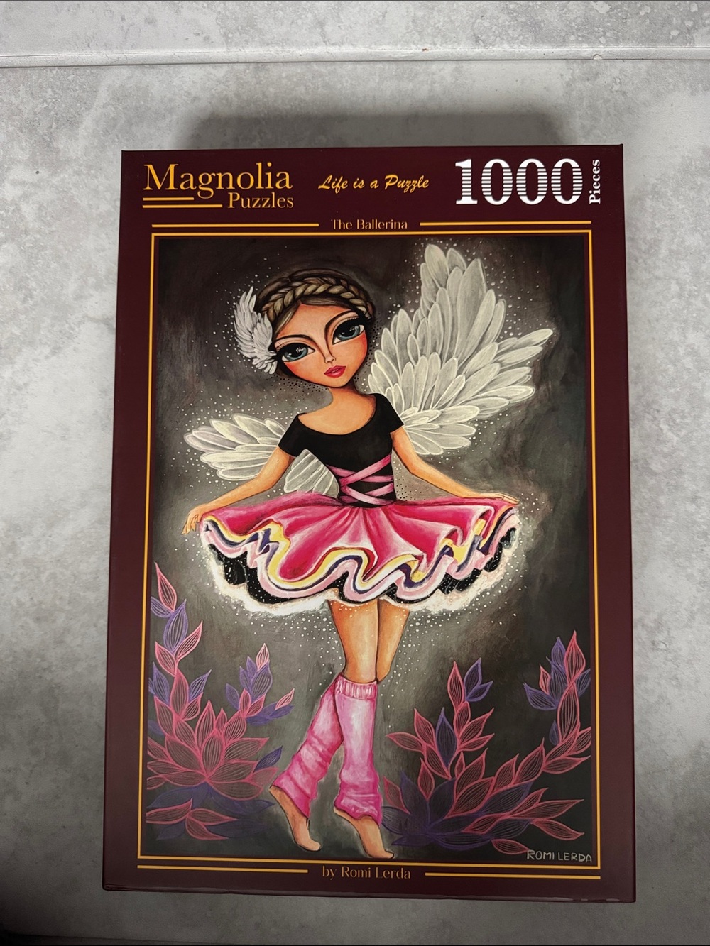 Magnolia Pink and Black Ballerina Puzzle with White Wings and Purple Accents